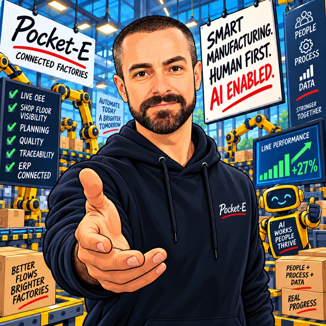Illustrated avatar of Joel in a navy hoodie, extending a hand in a connected factory.